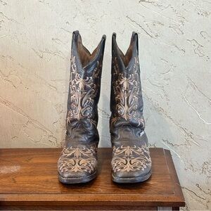 Valeria Women’s Square Toe Brown Leather Embroidered Western Cowboy Boots sz 6.5